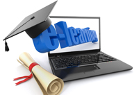 E-learning. Laptop, diploma and mortar board.